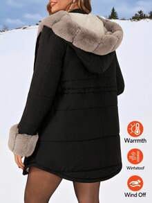 Ellevyn 女士冬季保暖时尚外套，舒适保暖内衬带口袋，加厚棉服，冬季舒适保暖，2025新款，大码女士长袖口袋休闲外套，秋季女士冬季外套 - 黑色 - 查看 2