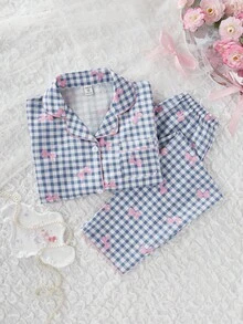 女学生睡衣套装 - 可爱蝴蝶格子印花长裤和长袖开衫，休闲两件套家居服，适合青少年女孩 - 彩色 - 查看 3