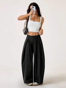 SHEIN PETITE Women's Summer Vintage Casual Streetwear Going Out Oversized Green Curved Hem Pants Pants