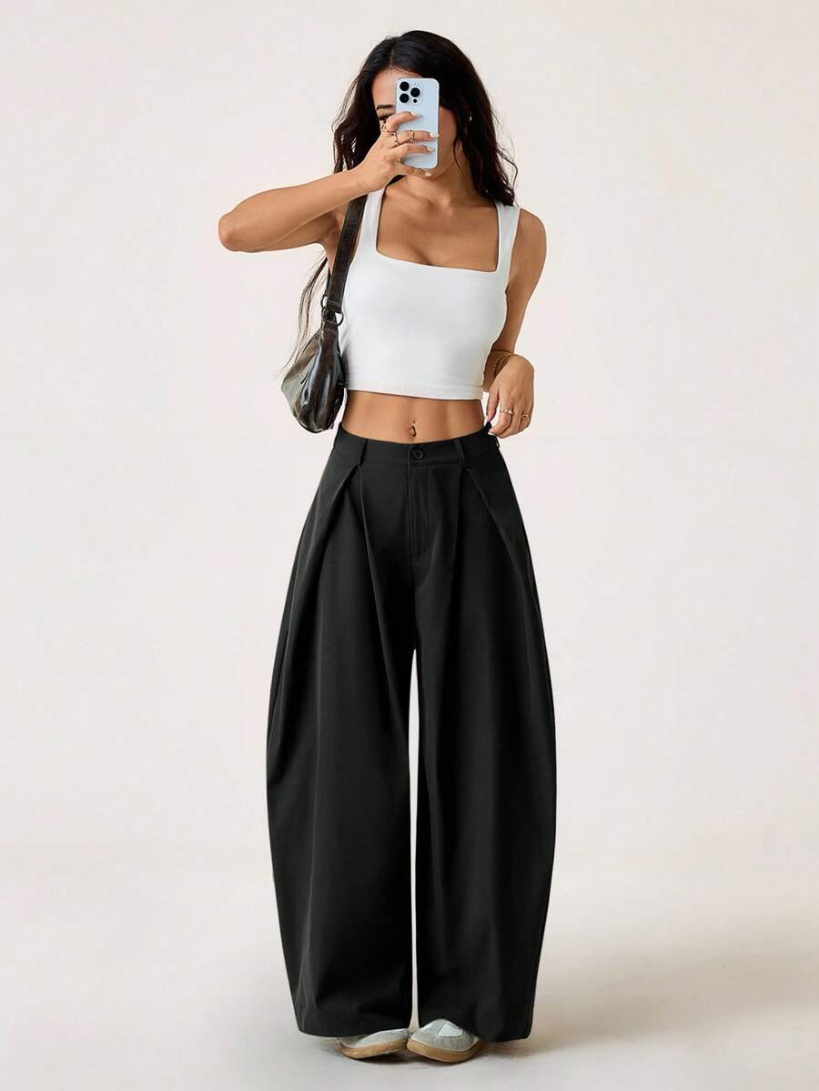SHEIN PETITE Women's Summer Vintage Casual Streetwear Going Out Oversized Green Curved Hem Pants Pants
