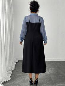 SHEIN Elenzya Plus Size Women's Color Block Long Sleeve Fitted A-Line Asymmetric Hem 2 In 1 Elegant Commuter Maxi Shirt Dress Fall Cloth For Women