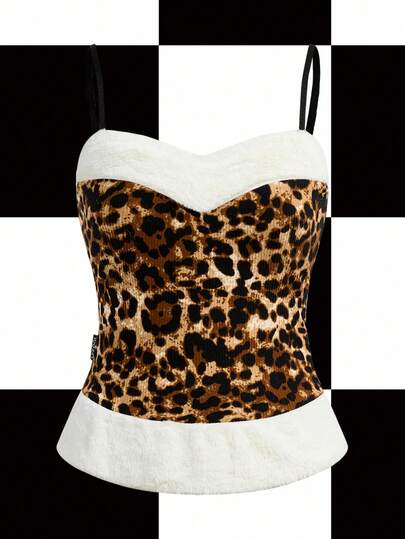 Y2Kool BiGraphic Damen Herbst/Winter Kunstpelz Leoparden Muster ärmelloser Weste, sexy Off-Shoulder, vintage abgenutzte Stil Tierdruck Top Gepard Muster Top Leoparden Muster Trägerhemd Leoparden Top Tierdruck Top mit Pelzbesatz, stilvolle Bekleidungskollektion für Neujahroutfits