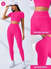 SHEIN Core Rhythm Bộ áo thun ngắn tay và quần legging thể thao co giãn liền mạch dành cho nữ - Màu Hồng Tươi - Xem 2