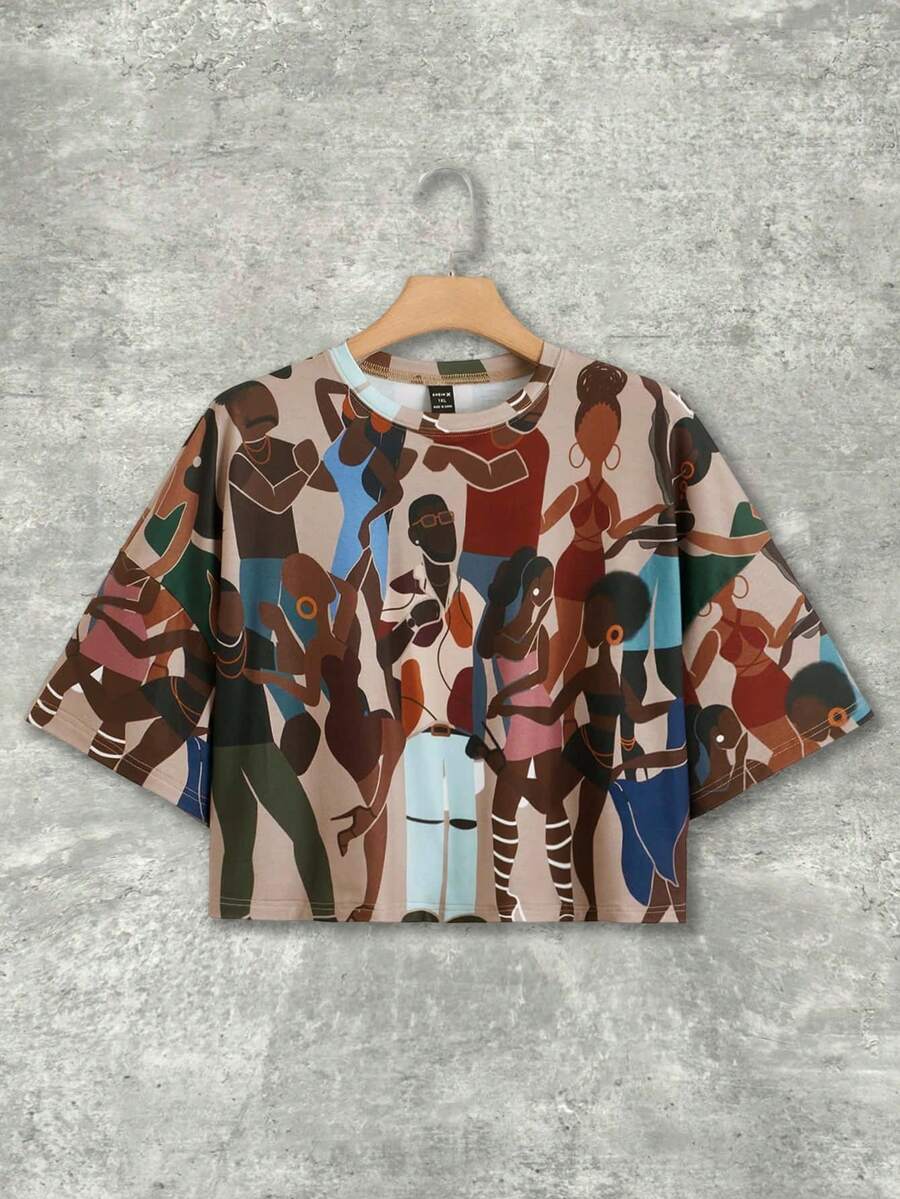 Y2Kool Sierra Siler Artist Retro Street Plus Figure Graphic Crop Tee, For Summer, Holiday, Vacation, Spring, Festival, Ibiza Fits Going Out Autumn Casual Stylish Clothing Collection New Year Outfits