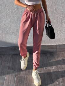 SHEIN Cottnline Solid Color Slanted Pocket Sweatpants - Pink - View 5