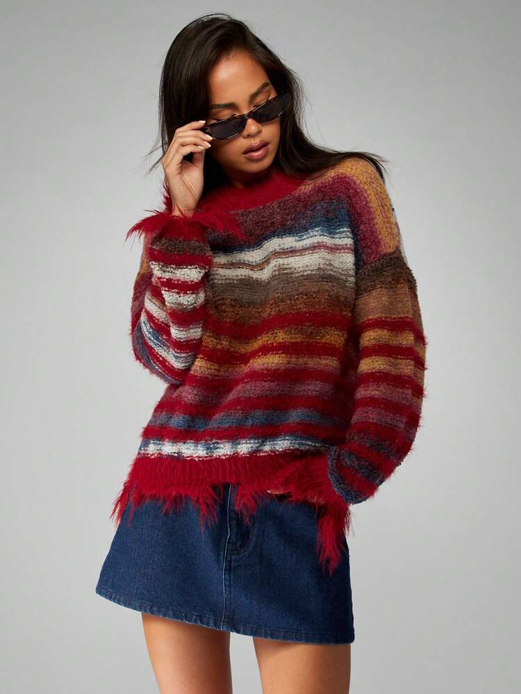 MISSGUIDED Fuzzy Knit Oversized Sweater Multi Striped Pattern Fringe Hem Detail Fall Winter Turtleneck Long Sleeve Chunky Holiday Casual Pullover Jumper