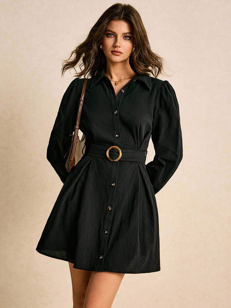 Poéselle Vestido mini elegante de mujer de unicolor con botones en la cintura - Negro - Ver 1