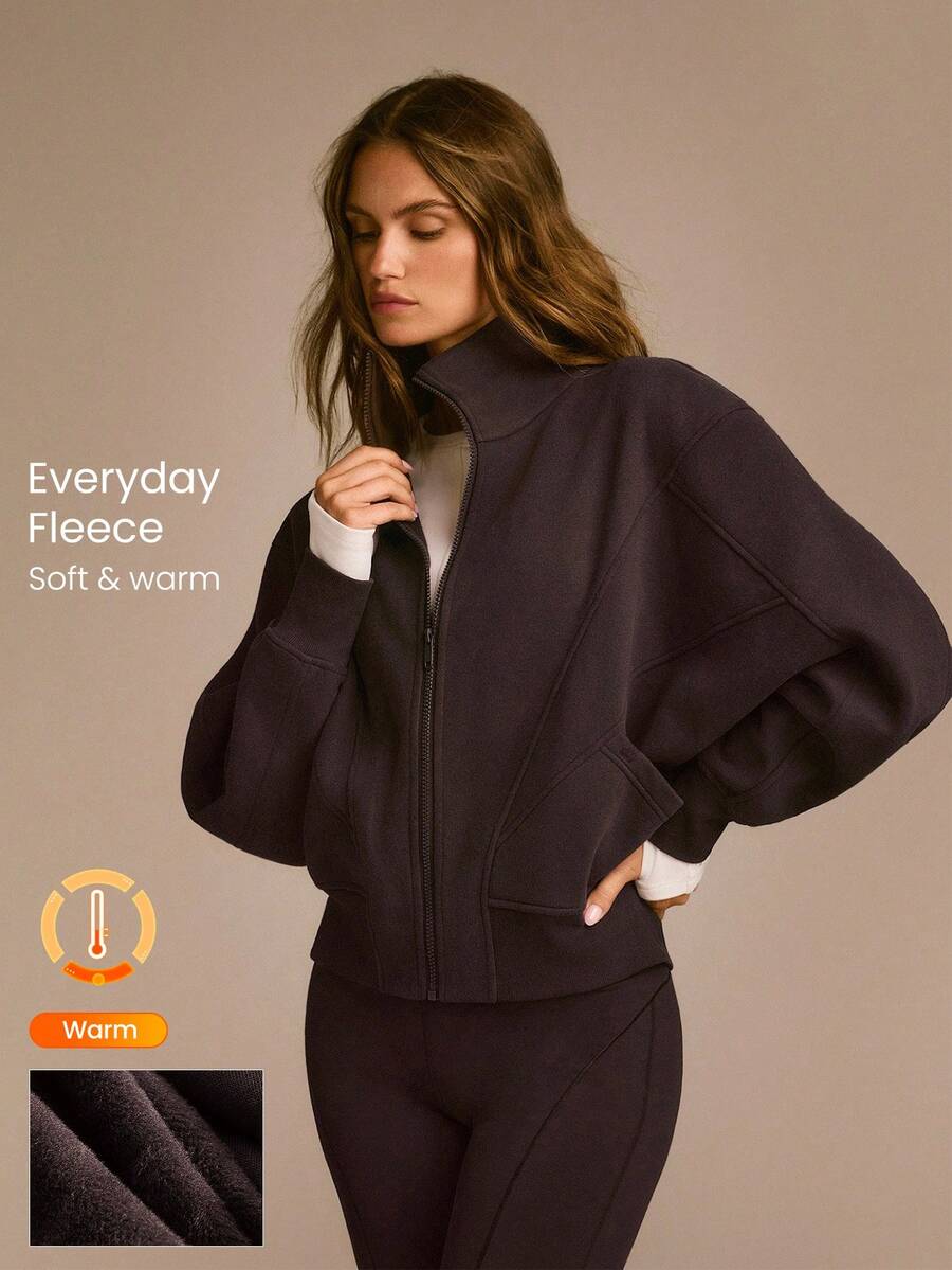 GLOWMODE Everyday Fleece Warmth Whisperer Soft Warm Lightweight Front Back Seam Detailing Pockets Batwing Sleeve High Neckline Full-Zip Jacket Autumn Winter Daily Casual