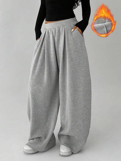 FavEase 여성용 플리스 탄성 허리 솔리드 컬러 플리츠 캐주얼 스웨트팬츠