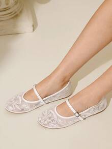 CUCCOO CHICEST Women's Floral Embroidered Lace Round Toe Flat Elegant Sweet Romantic Comfortable White Mesh Dress Shoes, Bridesmaid Shoes, Mary Jane Shoes, Suitable For Afternoon Tea, Dates, Parties, Weddings, Halloween, Lolita, Christmas, Thanksgiving, Birthdays - White - View 4