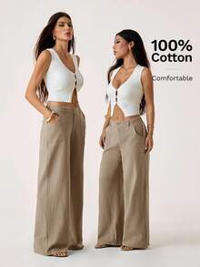 SHEIN PETITE 100% 水洗棉低腰直筒裤，亚麻材质，女士夏季裤装，棉质阔腿裤，适合夏季、秋季穿着。 - 駝色 - 查看 7