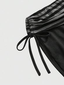 ROMWE Grunge Punk Y2K Retro Striped Camisole Top And Ultra Low-Rise Striped Flared Leg Pants 2 Pieces Set For Women - Black - View 7