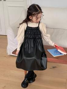 DAZY 2pcs/Set Young Girls Crew Neck Puff Sleeve Knit T-Shirt + Fashionable Dress Outfit, Fall - Black - View 7