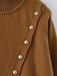 GlowEve Women's Solid Color Turtleneck Long Sleeve Button Design Casual Sweater, Autumn/Winter - Camel - View 3
