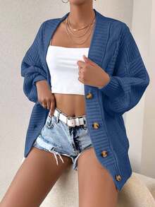 EURMUSE Women's Casual Solid Color Dropped Shoulder Loose Fit Single-Breasted Cardigan,Long Cardigans Woman,Petite Cardigans,Cardigans - Navy Blue - View 3