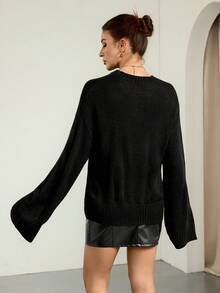 SHEIN Tall Suéter de punto holgado de manga larga para mujer, negro liso, otoño, estilo chic sin esfuerzo, suéter de hombro caído liso para uso diario otoño/invierno - Negro - Ver 2