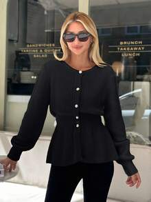 EURMUSE Cardigan femme à col rond à boutons devant de couleur unie - Noir - Voir 5