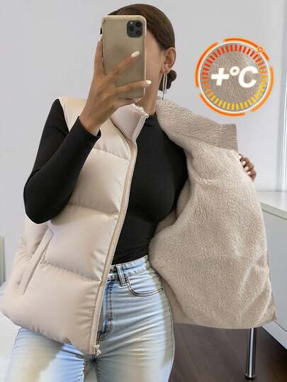 SHEIN 青少年女孩拉链加厚休闲背心外套，冬季外套，适合秋季、冬季和返校季节