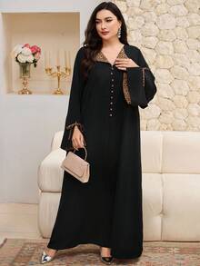 Al Najma 大码女式豹纹拼布长袖纽扣设计阿拉伯连衣裙，端庄的长袍 - 黑色 - 查看 6