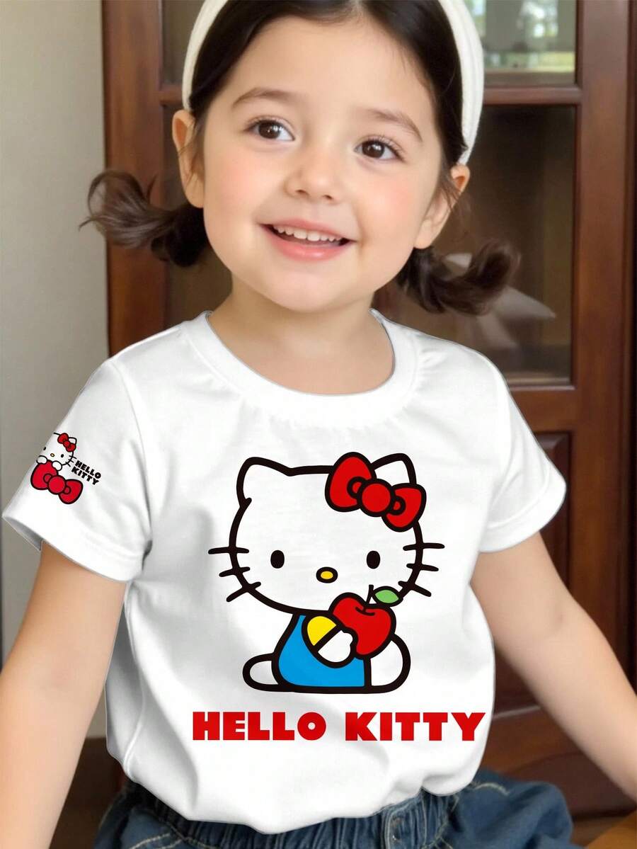 SHEIN Hello Kitty and Friends | Modeflare Wear 女婴休闲卡通印花短袖圆领上衣,适合夏季、学校、休闲、社交、派对 - 彩色 - 查看 1