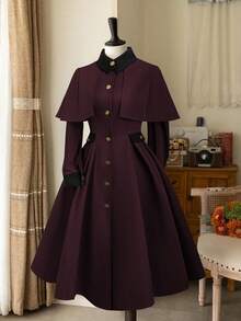 Sweetra Chaqueta de línea A de manga larga con cintura ceñida, cuello alto y parches de color para otoño/invierno, talla grande - Burdeos - Ver 3