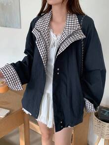 DAZY Women's Plaid Patchwork 2 In 1 Loose Fit Long Sleeve Jacket Coat - Navy Blue - View 5