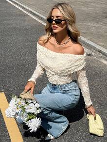 SHEIN Frenchy Blusa elegante de mujer con hombros descubiertos y bordado de encaje, para otoño/invierno