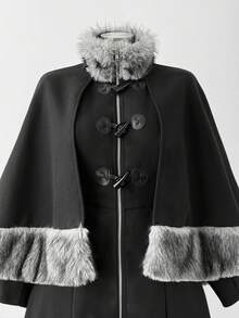 Sunspun 万圣节纯色复古简约人造毛皮拼接优雅长款外套 - 黑色 - 查看 4