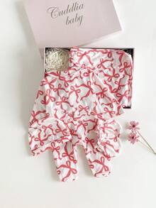 4pcs Newborn Baby Set: Cute Bow Print Romper With Peter Pan Collar, Long Sleeve, Footie Pants, Swaddle Blanket, Hat And Mittens Fall Winter - Red - View 2