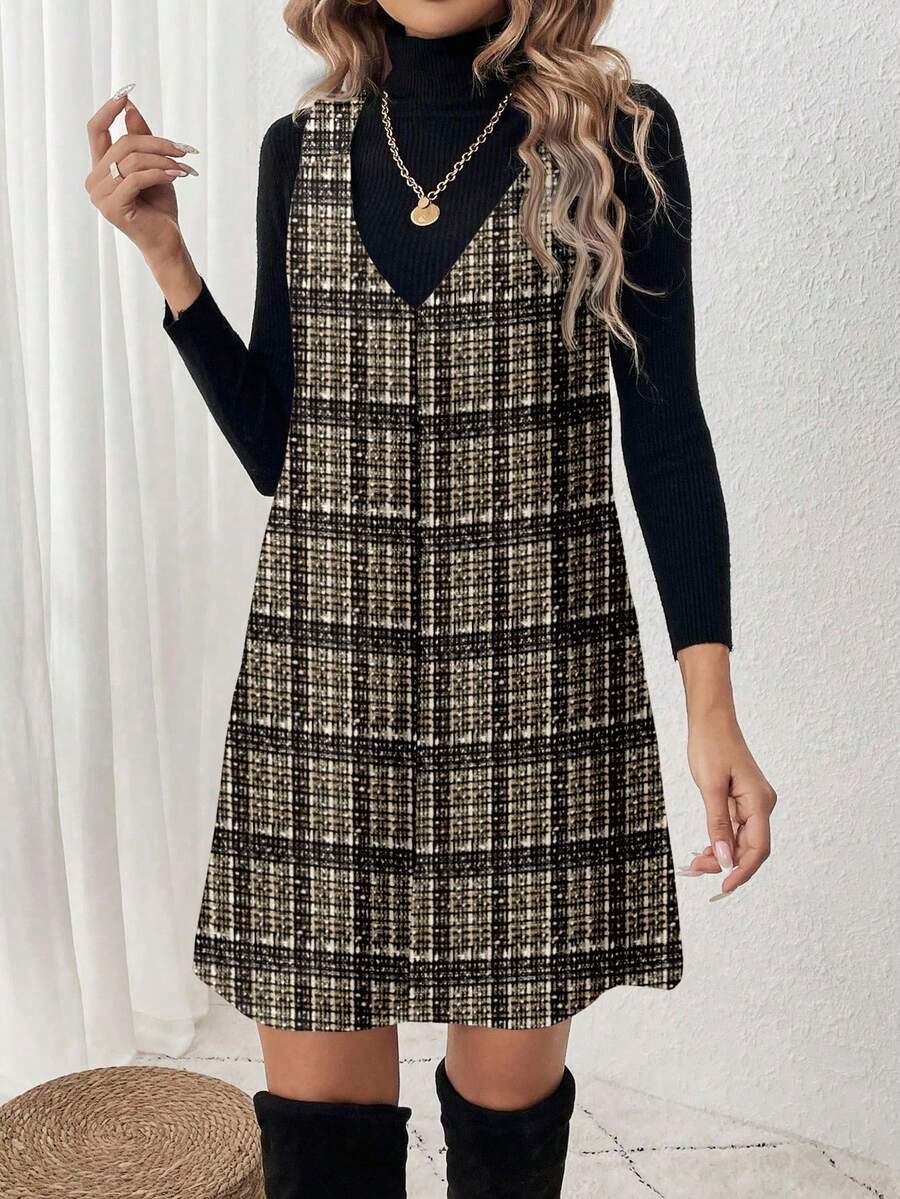 SHEIN LUNE Robe courte simple en tweed à carreaux pour femmes, convient pour l'automne/l'hiver ; Robe-débardeur imprimée épaisse et simple pour femmes en grande taille - Multicolore - Voir 1