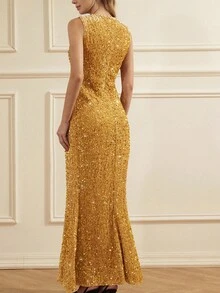 Chiquease 优雅无袖亮片天鹅绒连衣裙，修身腰身，高端别致风格 - 黃色 - 查看 2