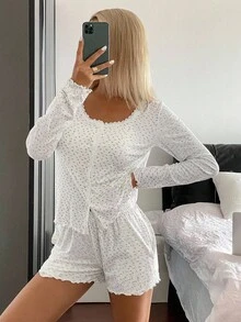 Livesso 女士纯色吊带背心+碎花睡袍+短裤三件套睡衣套装，秋冬服装 - 米色 - 查看 6