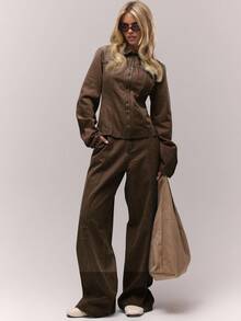 MUSERA Washed Bleached Denim Paneled Zip Down Collared Jacket Only Fall Autumn Old Money Cute Country Cottage Core Back To School Casual Lounge Jacket For Women Butterscotch Winter  Chic - Brown - View 4