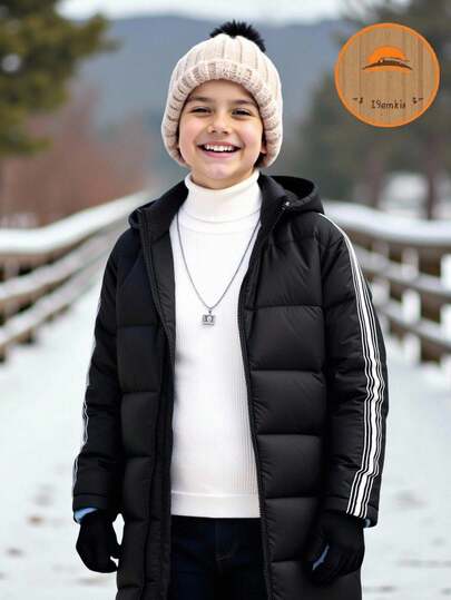 SHEIN Kids/Tween Boy Casual Sports Patch & Tape Parka Coat, Thick Hooded Mid-Length Woven Padded Coat Suitable For Commuting, School, Daily Casual, Travel, Sports, Spring/Summer/Autumn/Winter, Boys Long Puffer Coat, Boys Black Winter Coat, Boys Hooded Puffer Jacket, Kids Black Puffer Coat, Boys Warm Winter Jacket