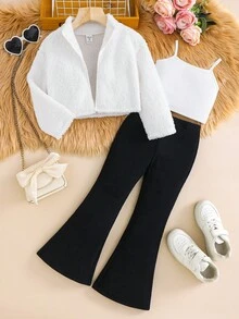 SHEIN 3pcs Set: Knitted Plaid Short Jacket, Solid Color Knitted Camisole, And Flared Pants - Multicolor - View 1