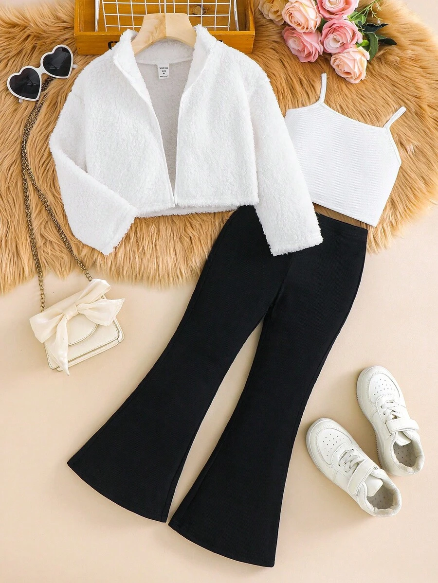 SHEIN 3pcs Set: Knitted Plaid Short Jacket, Solid Color Knitted Camisole, And Flared Pants - Multicolor - View 1