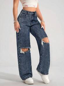 SHEIN PETITE 女式高腰口袋破洞阔腿宽松休闲牛仔裤 - 藍色 - 查看 5