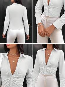 EURMUSE Cotton Solid Ruched Button Front Shirt - White - View 7