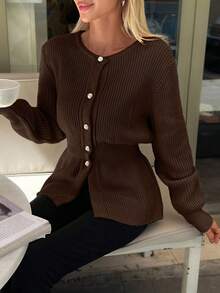 Women Solid Color Front Button Round Neck Cardigan