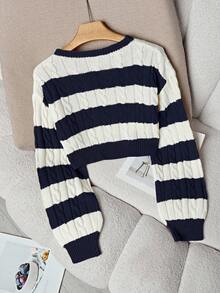 Franclia Suéter básico de mujer con mangas de farol, contraste de color y cuerda retorcida, otoño/primavera - azul real - Ver 2