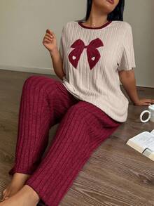 Snug Zone Plus Size Women Knitted Ribbed Bow Embroidered Round Neck Short Sleeve Pants Casual Pajama Set Bow Pajama Set - Red - View 6