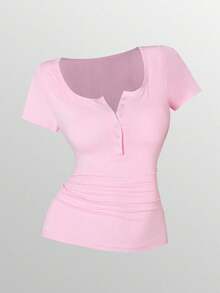 INAWLY 女士纯色纽扣式短袖休闲 T 恤，夏季 - 彩色 - 查看 5