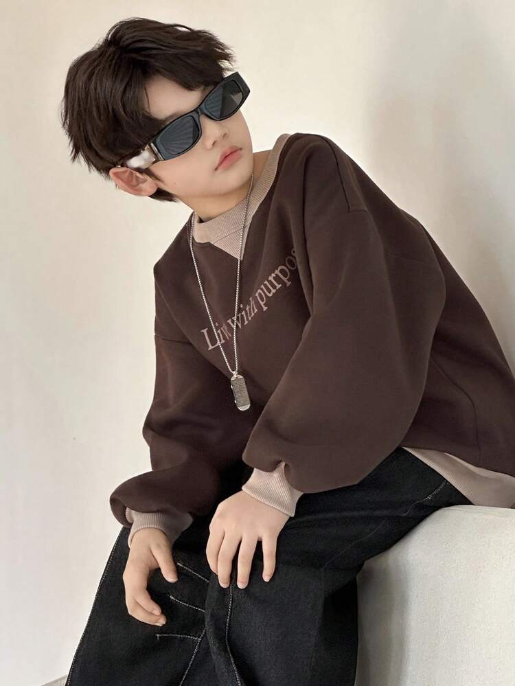 Tween Boys Colorblock Simple Print Crew Neck Long Sleeve Sweatshirt, Fall