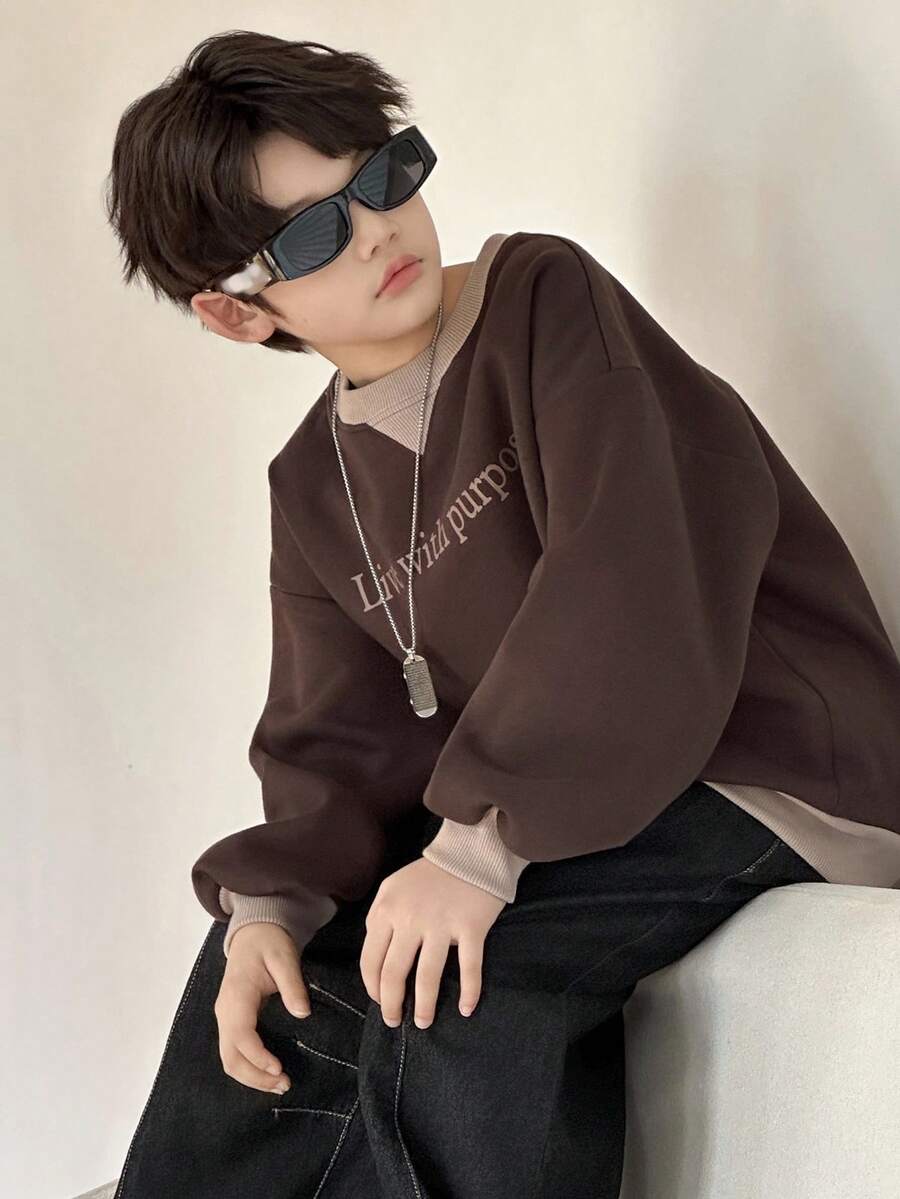 DAZY Sudadera de cuello redondo de manga larga con estampado simple de bloques de color para niños (niños grandes), otoño - Marrón - Ver 1