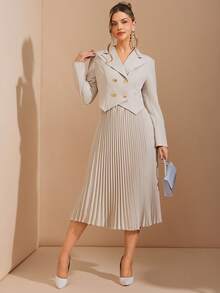 Amorya Women's Elegant Belted Double-Breasted Jacket And Pleated Skirt 2 Pieces Set, Suitable For Daily Commute And Multiple Occasions Autumn Clothes