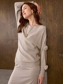 SHEIN Unity Women's Hollow Out Knitted Sweater Top - Apricot - View 4