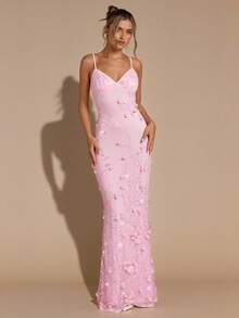 SHEIN BAE Elegant Long Lace Beaded Sequin Slip Dress, Formal Lace Sequin Dress, Pink Dress, Sexy Corset Lace Dress, Suitable For Formal Occasions, Cocktail Party, Club, Wedding Guest Attire, Birthday Party Dress, Bridesmaid Dress,Wedding Guest Dress Women - Pink - View 6