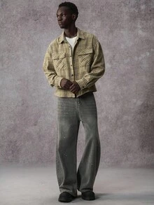 STYNVO 男士格子休闲长袖衬衫 男士短款纽扣衬衫 男士外套衬衫 格子衬衫，秋季 - 卡其色 - 查看 6