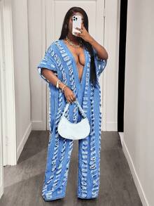 Slaydiva 女式深V领牛仔连体裤，蓝色 - 藍色 - 查看 7