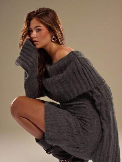 SHEIN BAE 女式秋季简约纯色露肩喇叭袖毛衣裙